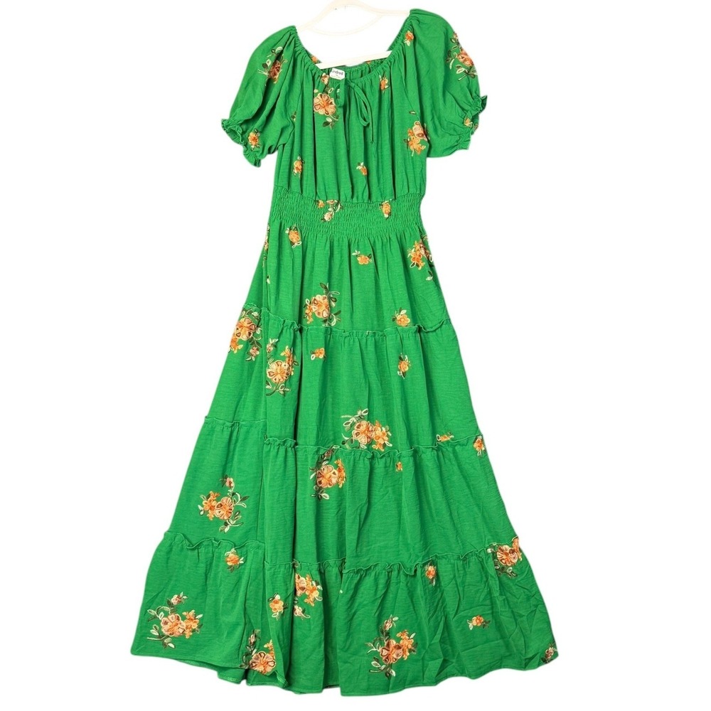 Anthropologie Kindred Green Floral Embroidered Smocked Maxi Peasant Dress Medium